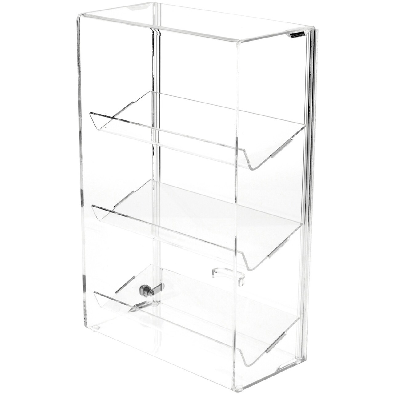Plymor Clear Acrylic Locking Display Case with Sliding Back, 3 Angled Shelves